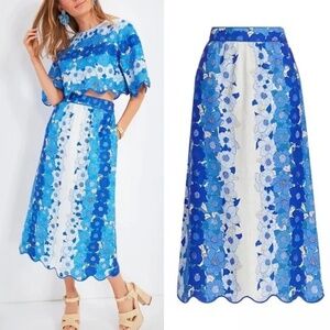 NEW! Farm Rio Flower Stripes Midi Skirt Blue Floral Print Size XS $165